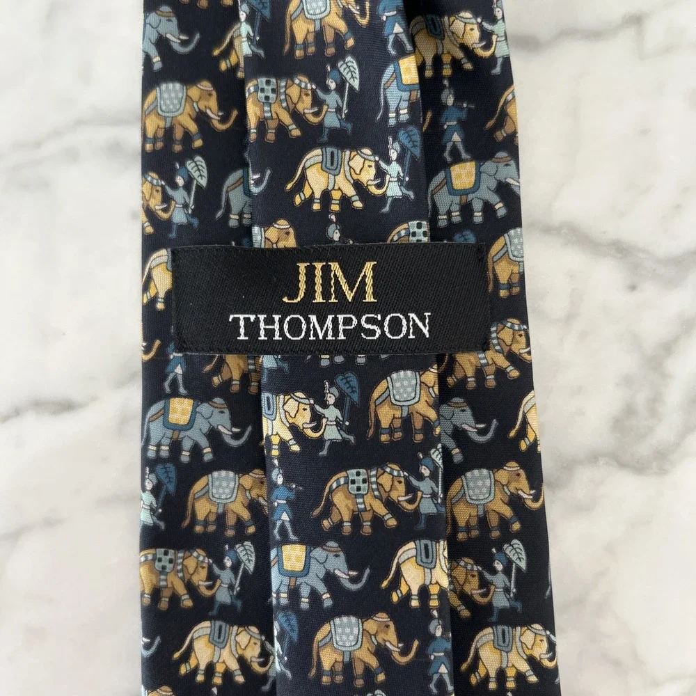 Jim Thompson 100% Silk Tie Whimsical Elephants Animal Print Blue & Tan